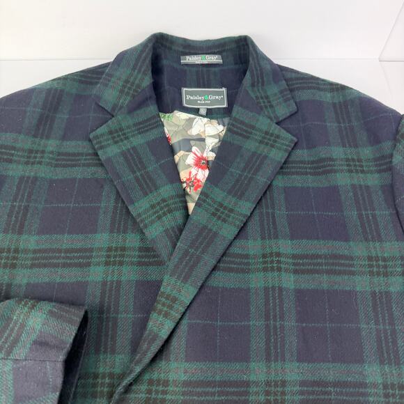 PAISLEY & GRAY XL WOOL TARTAN PLAID NAVY GREEN DOUBLE BREASTED LONG Men OVERCOAT - Picture 12 of 14
